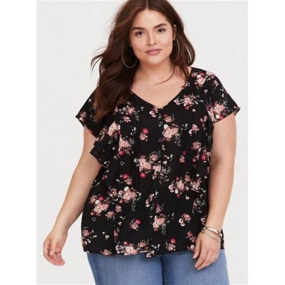 Torrid Black Floral Button Front Flutter Sleeve Blouse Sz 3/22-24 - Picture 1 of 6